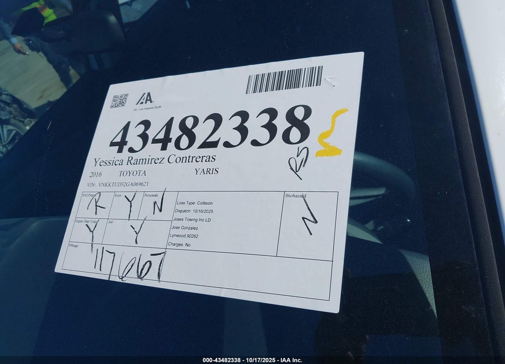 2016 TOYOTA YARIS L VIN: VNKKTUD32GA069621