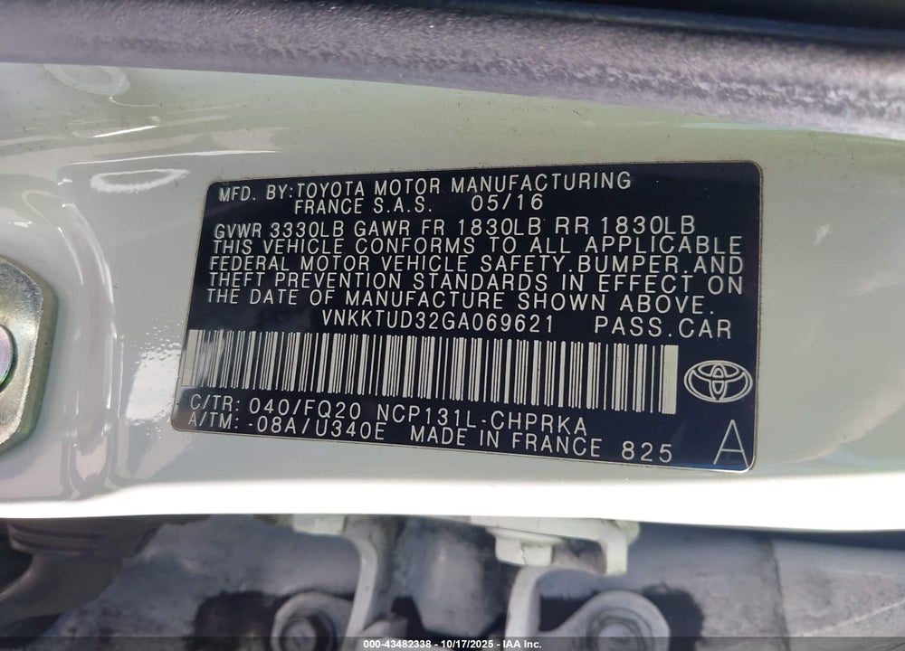 2016 TOYOTA YARIS L VIN: VNKKTUD32GA069621