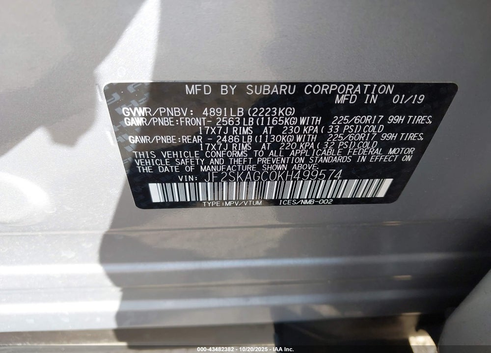 2019 SUBARU FORESTER PREMIUM VIN: JF2SKAGC0KH499574