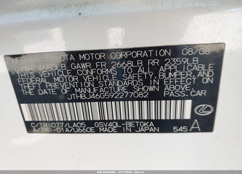 2009 LEXUS ES 350 VIN: JTHBJ46G592277082
