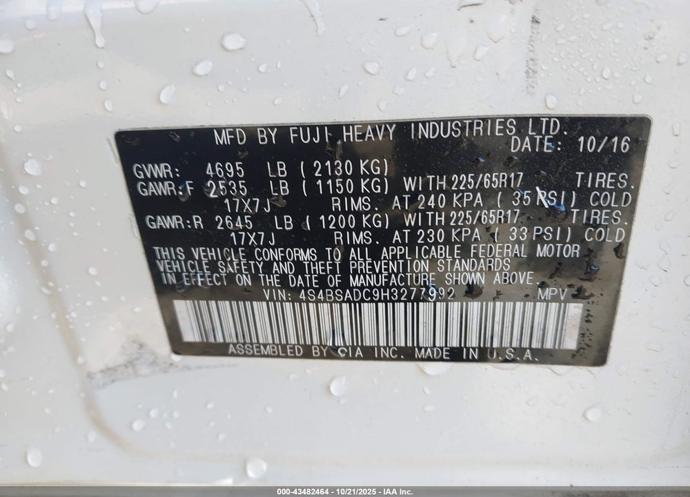2017 SUBARU OUTBACK 2.5I PREMIUM VIN: 4S4BSADC9H3277992