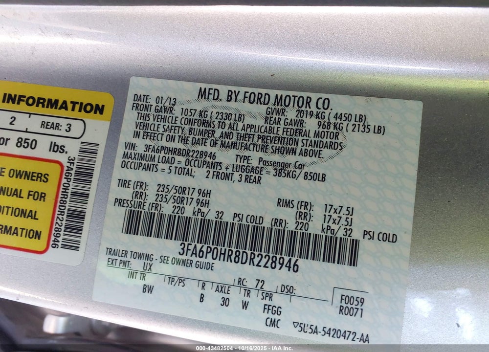 2013 FORD FUSION VIN: 3FA6P0HR8DR228946