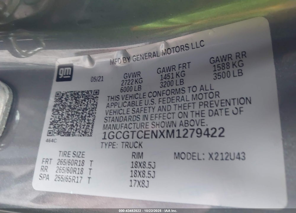 2021 CHEVROLET COLORADO 4WD LONG BOX LT VIN: 1GCGTCENXM1279422