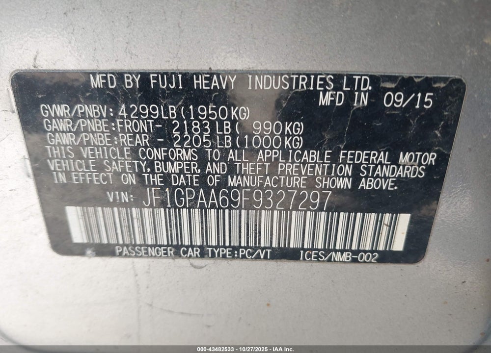 2015 SUBARU IMPREZA 2.0I VIN: JF1GPAA69F9327297