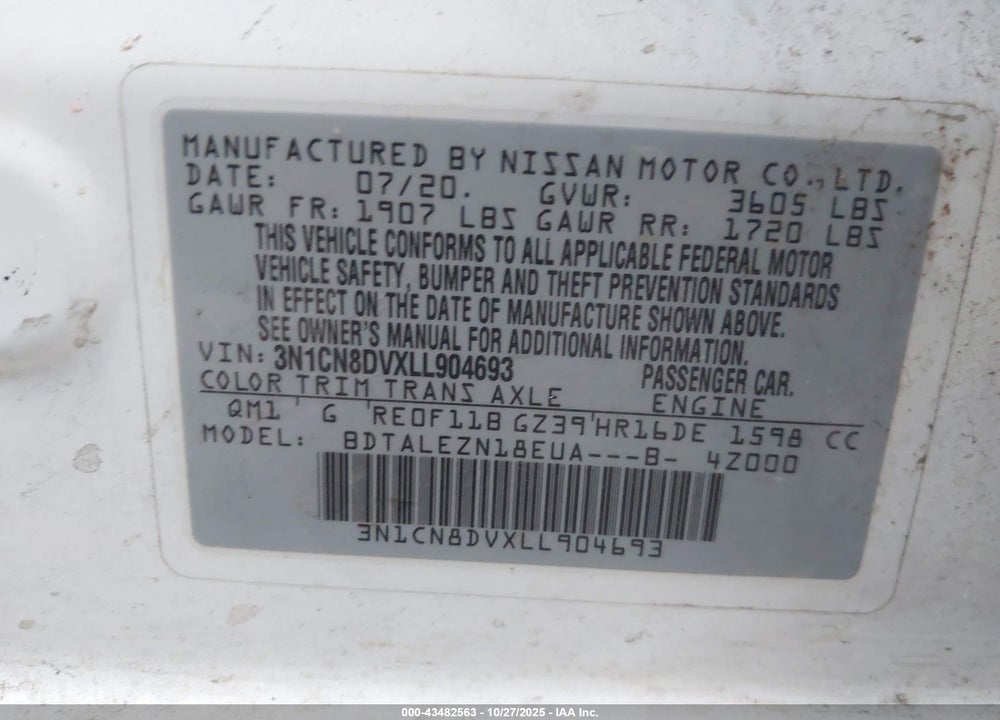 2020 NISSAN VERSA VIN: 3N1CN8DVXLL904693