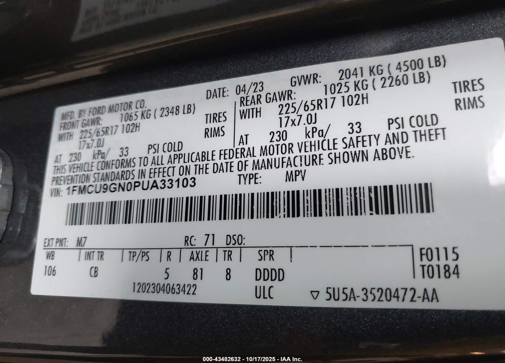2023 FORD ESCAPE VIN: 1FMCU9GN0PUA33103