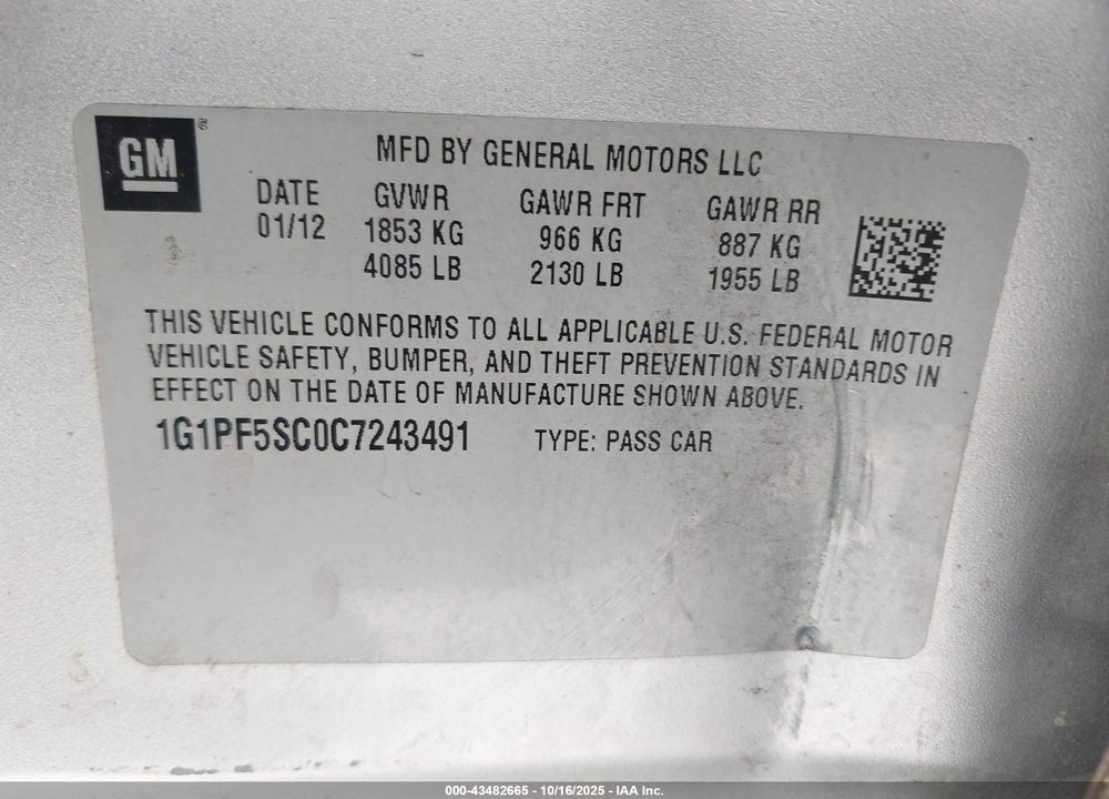 2012 CHEVROLET CRUZE 1LT VIN: 1G1PF5SC0C7243491