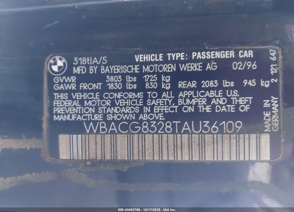 1996 BMW 318 TI AUTOMATIC VIN: WBACG8328TAU36109