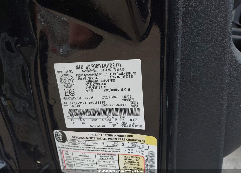 2014 FORD F-150 VIN: 1FTFW1EF7EFA33318