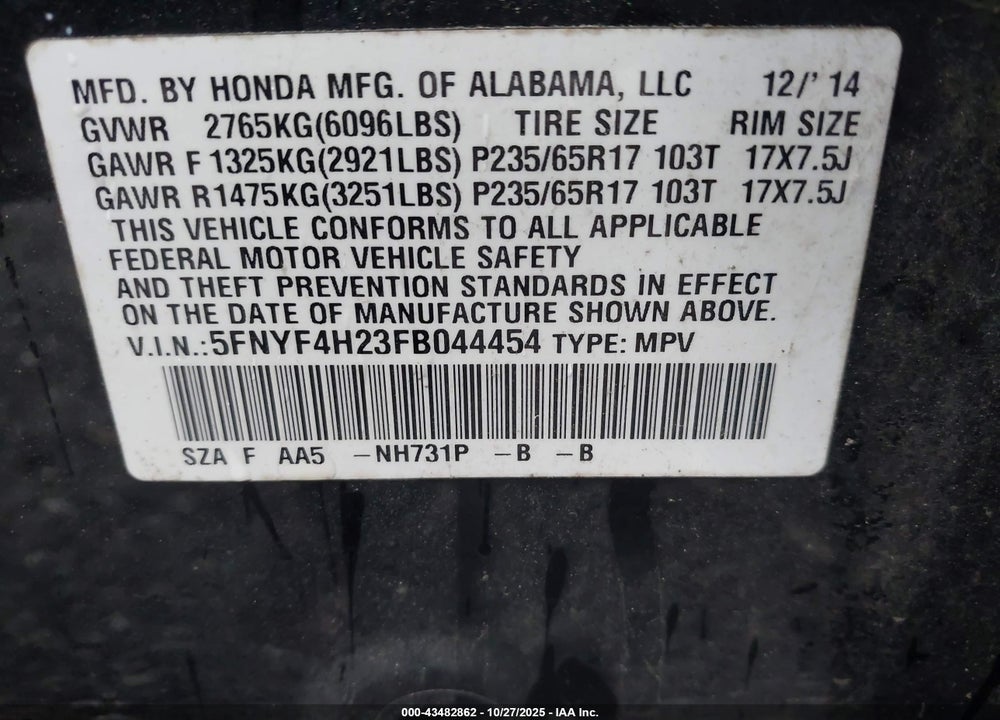 2015 HONDA PILOT LX VIN: 5FNYF4H23FB044454
