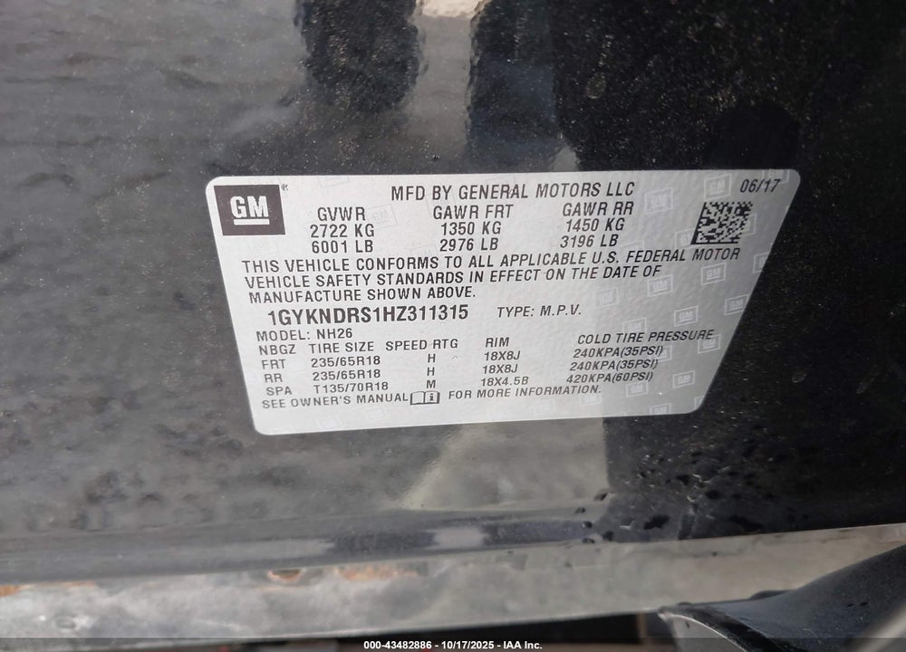 2017 CADILLAC XT5 VIN: 1GYKNDRS1HZ311315