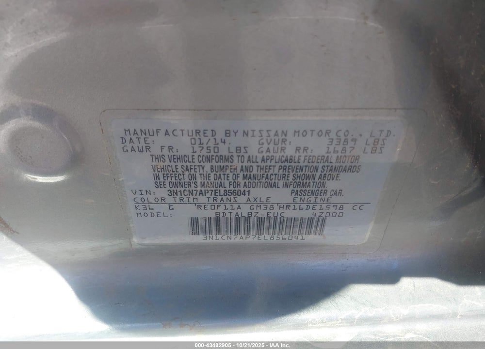 2014 NISSAN VERSA 1.6 SV VIN: 3N1CN7AP7EL856041