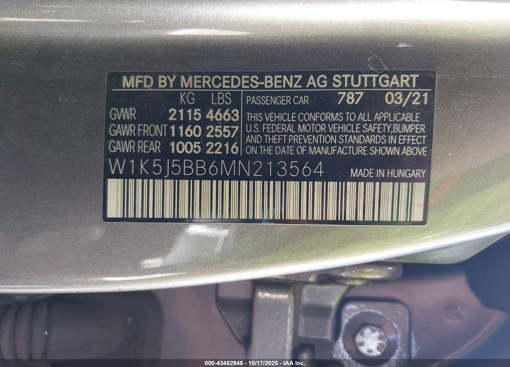 2021 MERCEDES-BENZ AMG CLA 35 4MATIC VIN: W1K5J5BB6MN213564