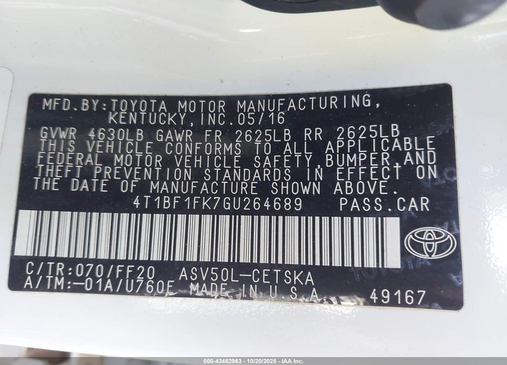 2016 TOYOTA CAMRY SE VIN: 4T1BF1FK7GU264689