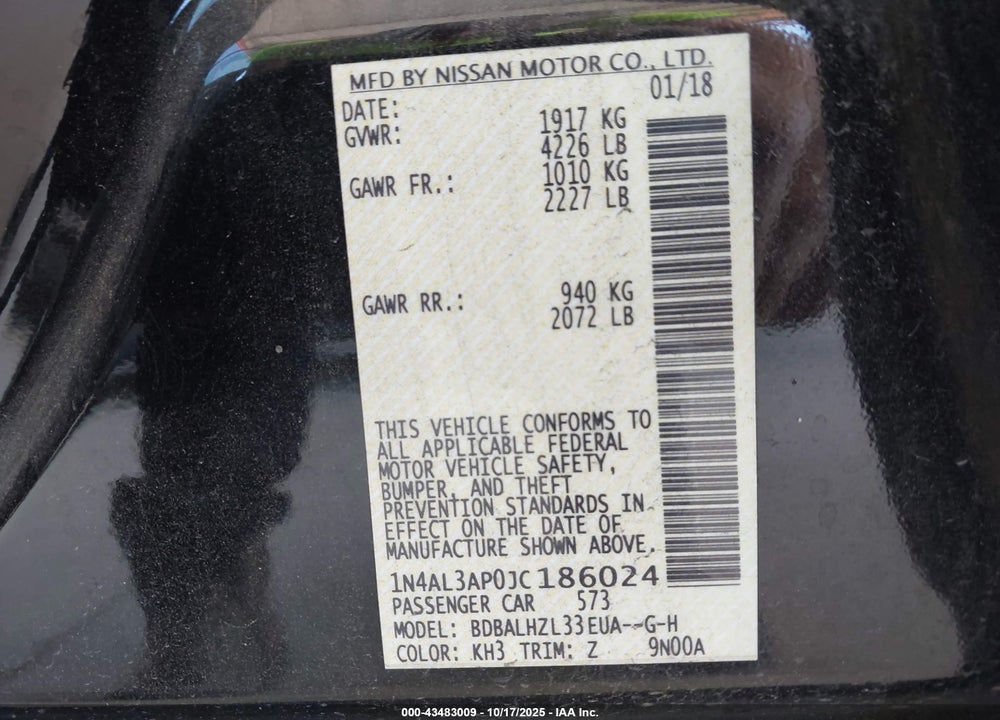 2018 NISSAN ALTIMA VIN: 1N4AL3AP0JC186024
