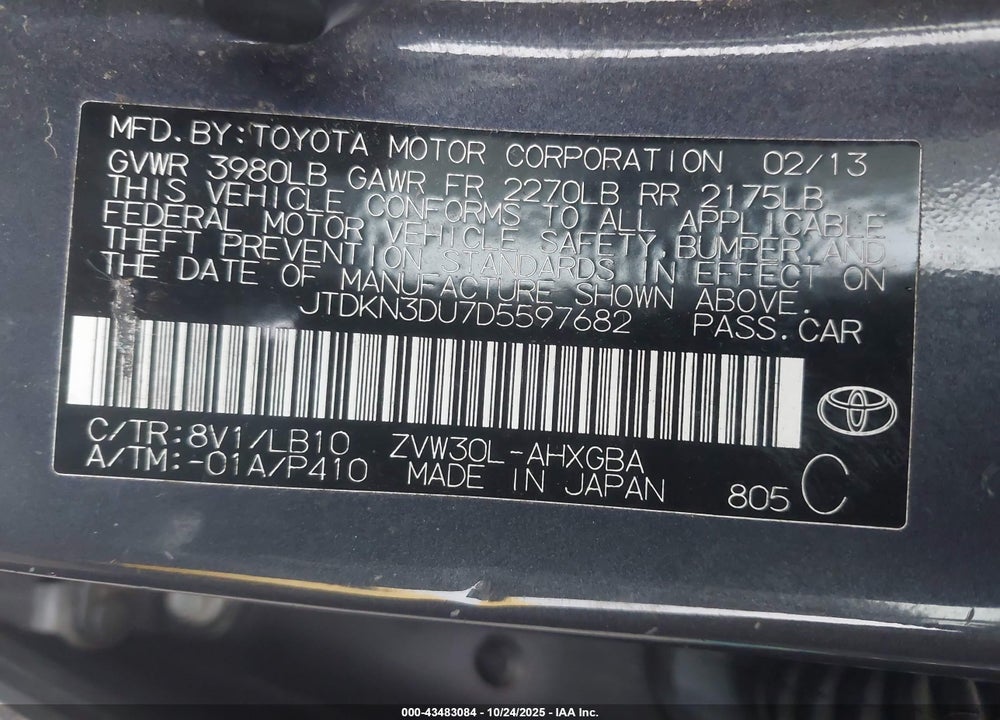 2013 TOYOTA PRIUS FOUR VIN: JTDKN3DU7D5597682