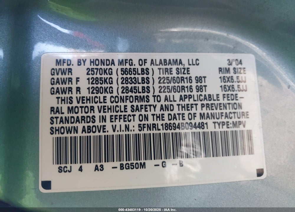 2004 HONDA ODYSSEY VIN: 5FNRL18694B094481