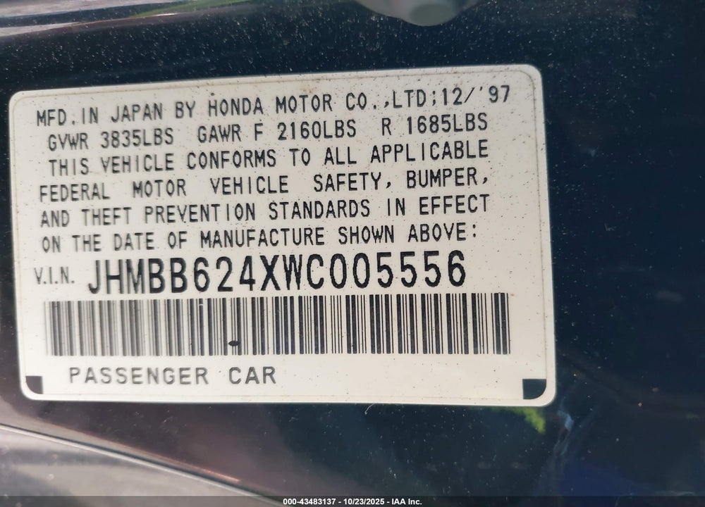 1998 HONDA PRELUDE VIN: JHMBB624XWC005556