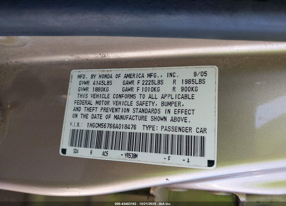 2006 HONDA ACCORD 2.4 EX VIN: 1HGCM56766A018476