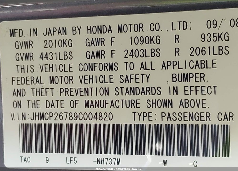 2009 HONDA ACCORD 2.4 EX VIN: JHMCP26789C004820