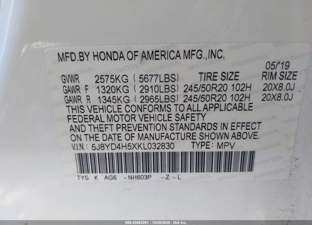 2019 ACURA MDX TECHNOLOGY PKG VIN: 5J8YD4H5XKL032830