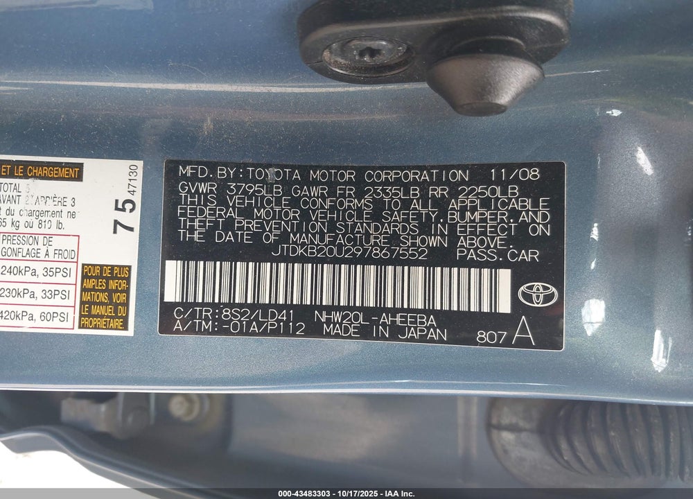 2009 TOYOTA PRIUS VIN: JTDKB20U297867552
