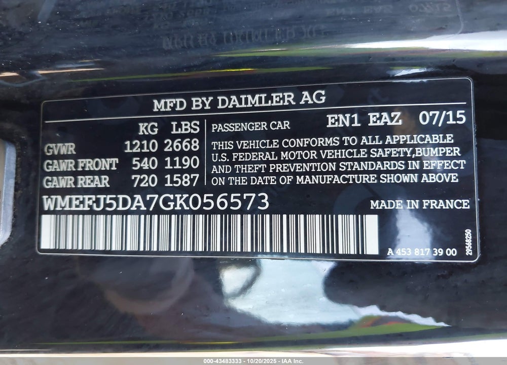 2016 SMART FORTWO VIN: WMEFJ5DA7GK056573