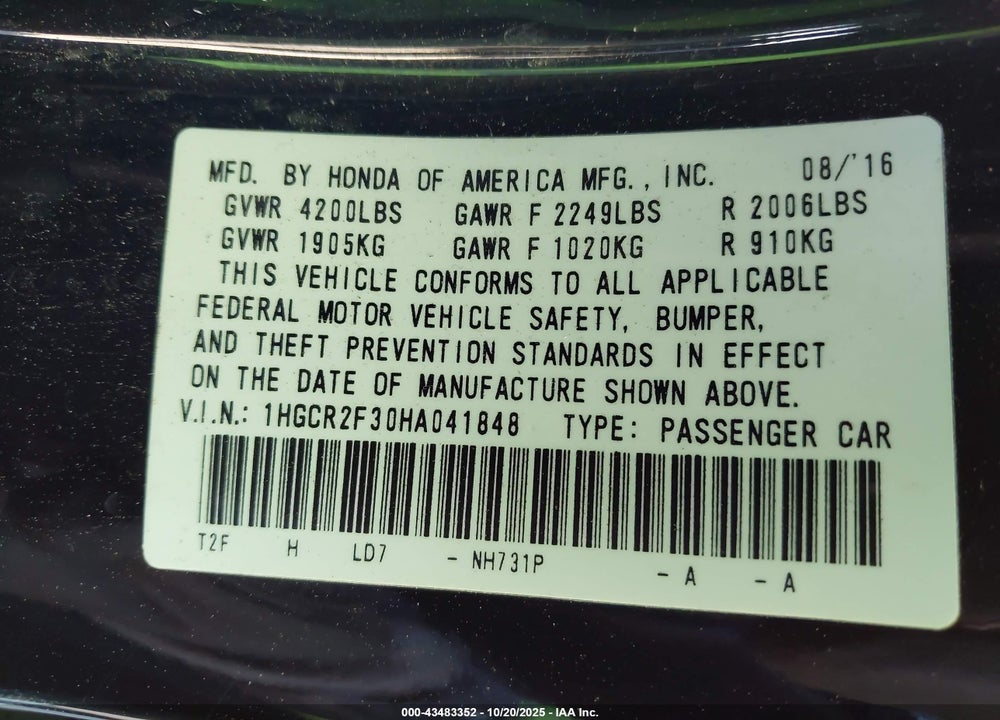 2017 HONDA ACCORD VIN: 1HGCR2F30HA041848