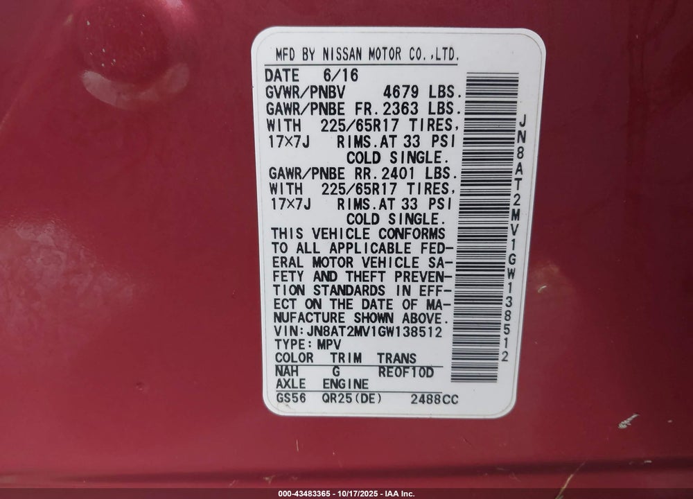 2016 NISSAN ROGUE S VIN: JN8AT2MV1GW138512