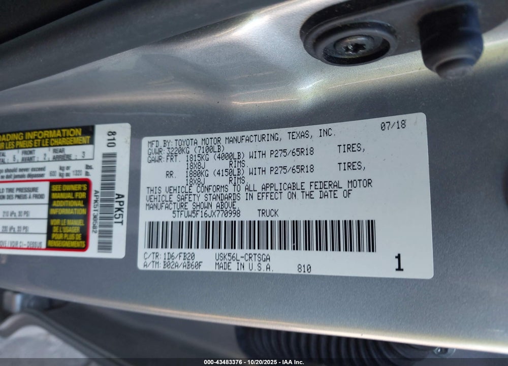 2018 TOYOTA TUNDRA SR5 5.7L V8 VIN: 5TFUW5F16JX770998