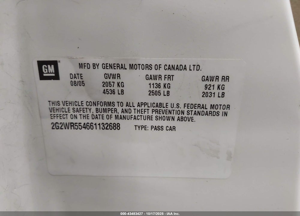2006 PONTIAC GRAND PRIX GT VIN: 2G2WR554661132688