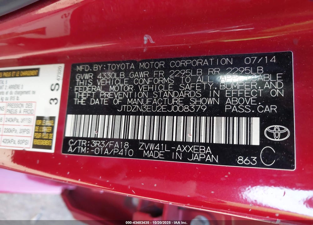 2014 TOYOTA PRIUS V THREE VIN: JTDZN3EU2EJ008379