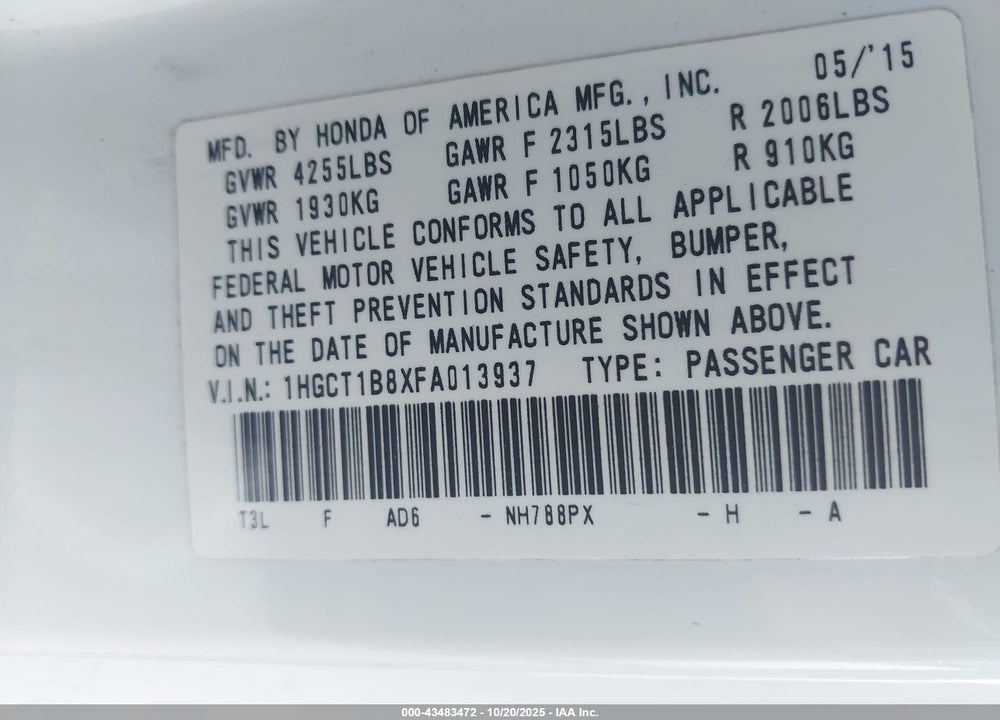 2015 HONDA ACCORD EX-L VIN: 1HGCT1B8XFA013937