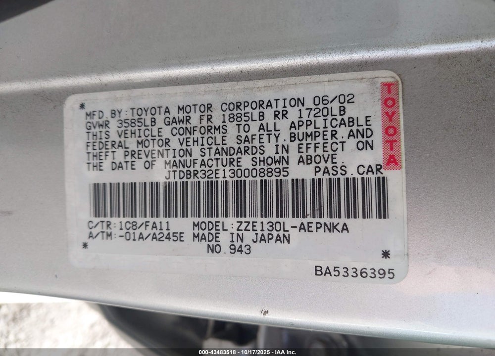 2003 TOYOTA COROLLA LE VIN: JTDBR32E130008895