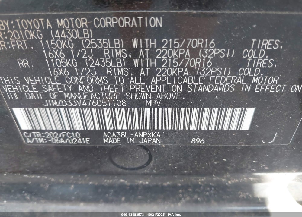 2007 TOYOTA RAV4 VIN: JTMZD33V476051108