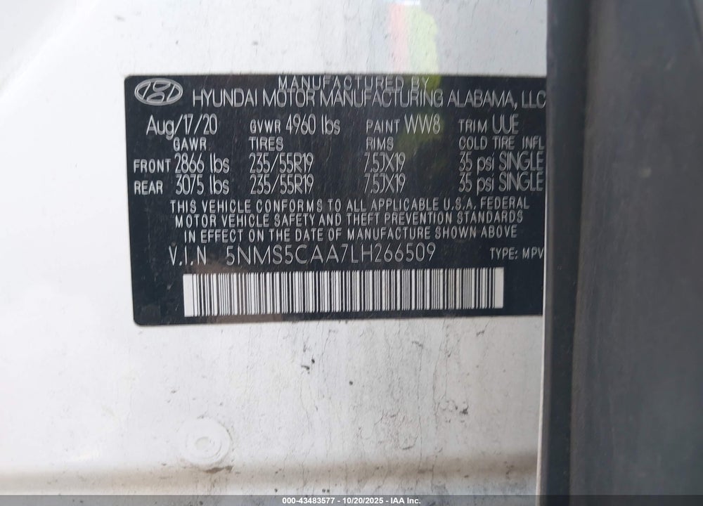2020 HYUNDAI SANTA FE LIMITED 2.0T VIN: 5NMS5CAA7LH266509
