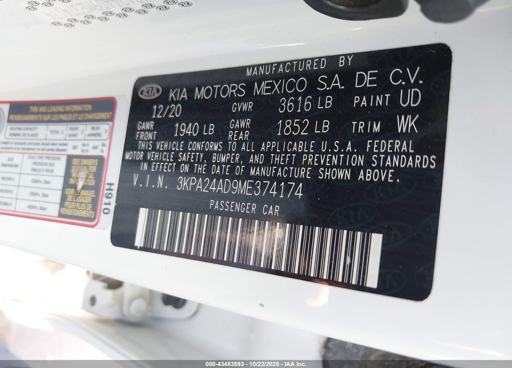 2021 KIA RIO S VIN: 3KPA24AD9ME374174
