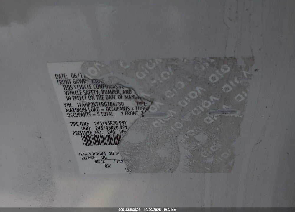 2011 FORD TAURUS VIN: 1FAHP2KT1BG186780