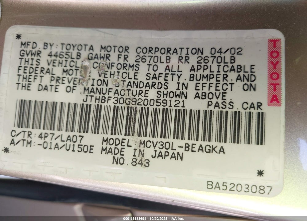 2002 LEXUS ES 300 VIN: JTHBF30G920059121