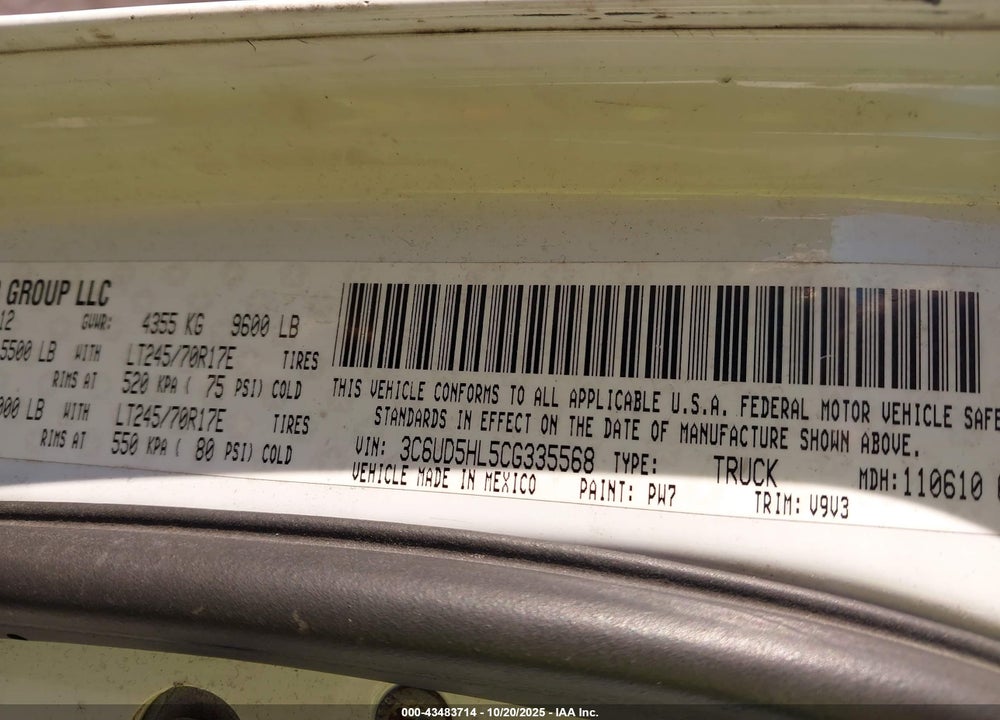 2012 RAM 2500 ST VIN: 3C6UD5HL5CG335568