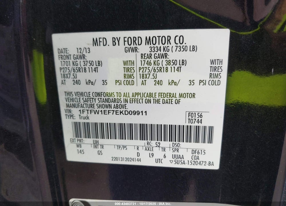 2014 FORD F-150 XLT VIN: 1FTFW1EF7EKD09911