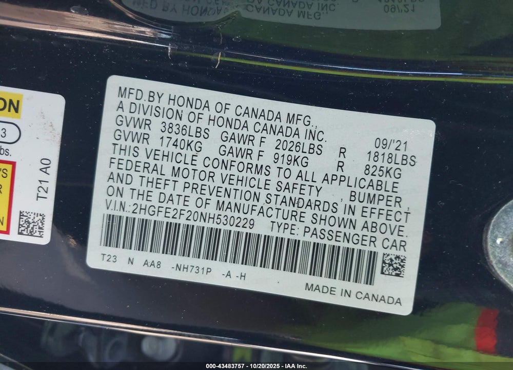 2022 HONDA CIVIC VIN: 2HGFE2F20NH530229