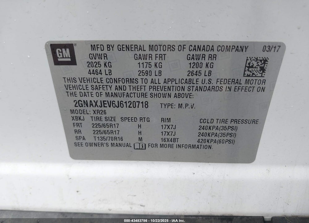 2018 CHEVROLET EQUINOX LT VIN: 2GNAXJEV6J6120718