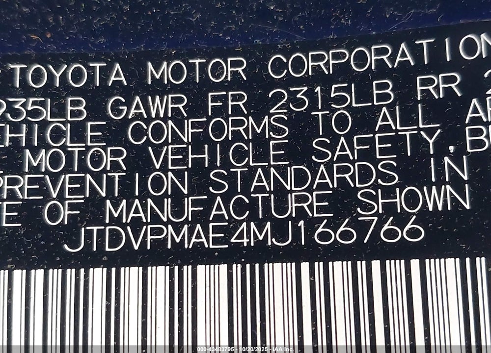 2021 TOYOTA COROLLA LE VIN: JTDVPMAE4MJ166766