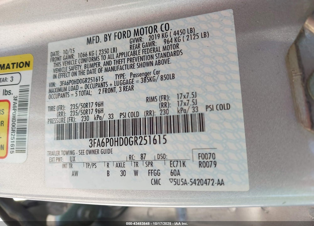 2016 FORD FUSION VIN: 3FA6P0HD0GR251615