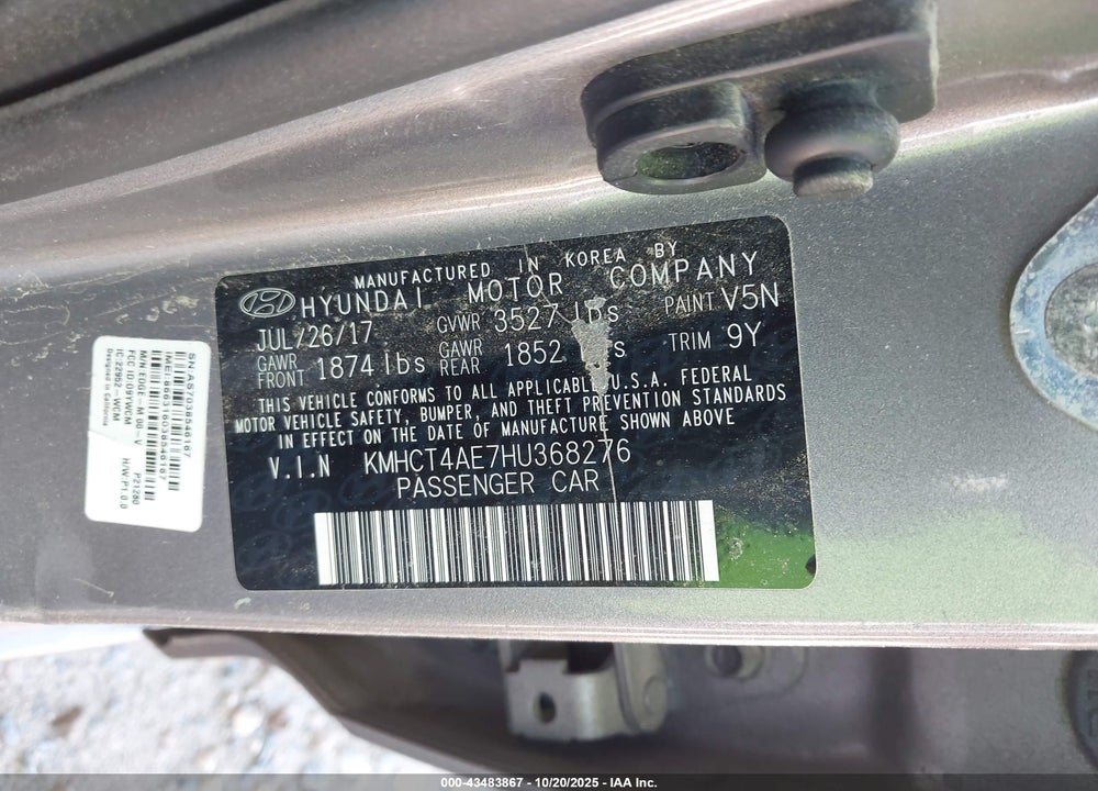 2017 HYUNDAI ACCENT SE VIN: KMHCT4AE7HU368276