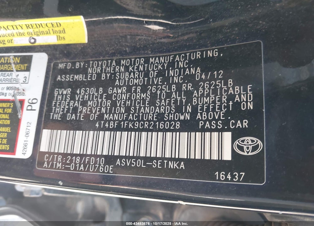 2012 TOYOTA CAMRY VIN: 4T4BF1FK9CR216028