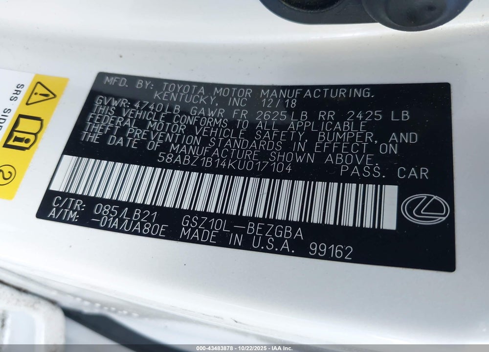 2019 LEXUS ES 350 LUXURY VIN: 58ABZ1B14KU017104