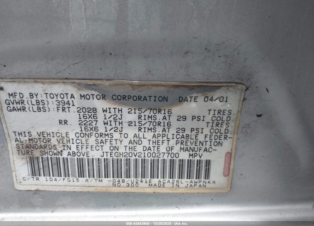 2001 TOYOTA RAV4 VIN: JTEGH20V210027700