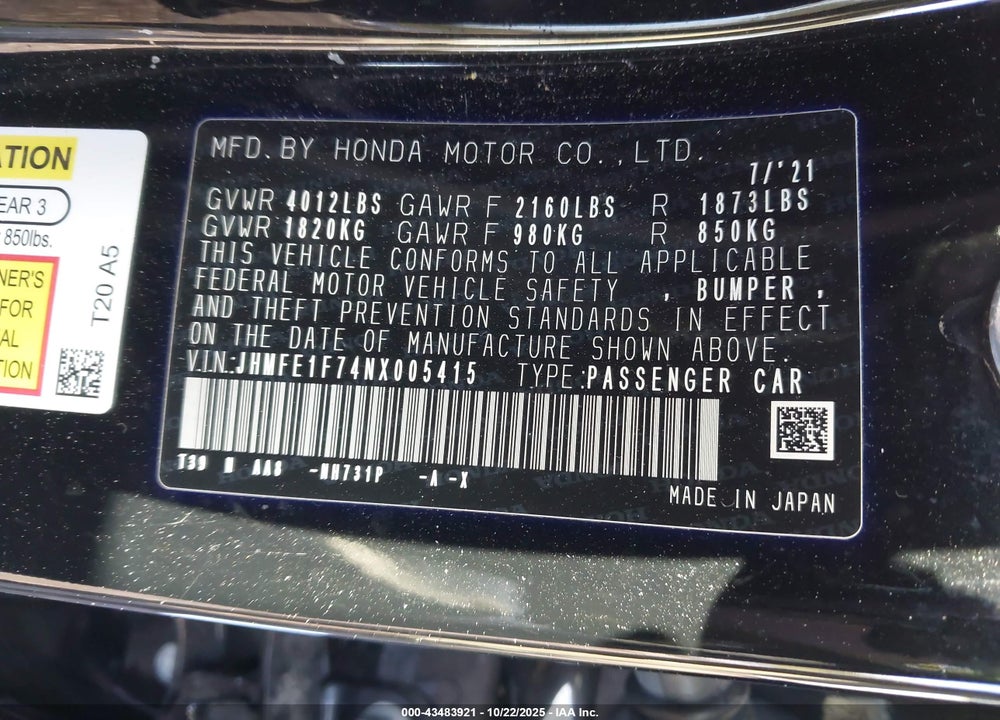 2022 HONDA CIVIC EX VIN: JHMFE1F74NX005415